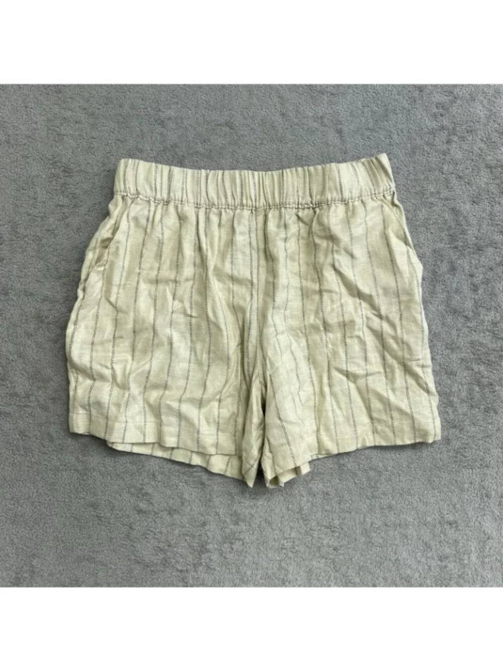 NWOT Blanknyc Women's S Linen-Blend Striped Beige Shorts Elastic Waist B0666